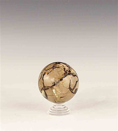 Sfera in pietra fossile, poggiante su base in plexiglass, h. cm. 15 .