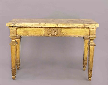 Console in legno dorato ed intagliato, piano rettangolare in marmo giallo di...