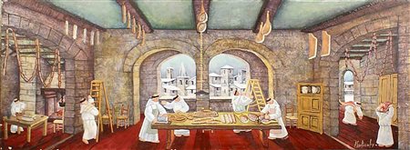 Norberto Proietti (Spello 1927 - 2009),"I Norcini", olio su tavola, cm....