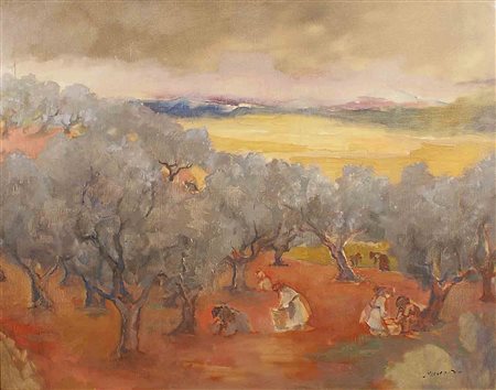 Mino Maccari (Siena 1898 - Roma 1989), "La raccolta delle olive", olio su...