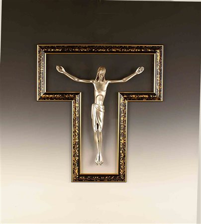 Figura di Cristo entro cornice in vetro e legno, firmata Ottaviani.