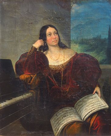 PITTORE ANONIMO DEL XIX SECOLO "Ritratto di dama in costume" 37x30,5 olio su...