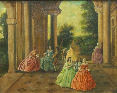 PITTORE ANONIMO DEL XIX SECOLO "Damigelle in giardino" 40x50 olio su tela