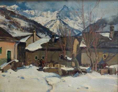 MUSSO CARLO Balangero (TO) 1907 - 1968 "Borgata alpina innevata con figure"...