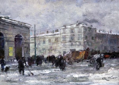 ZAMBELLETTI LODOVICO Milano 1881 - 1966 "In città, piazza innevata" 26,3x35...