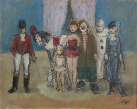 STROPPA LEONARDO Torino 1900 - 1991 "Personaggi del circo" 40x50 olio su tela...