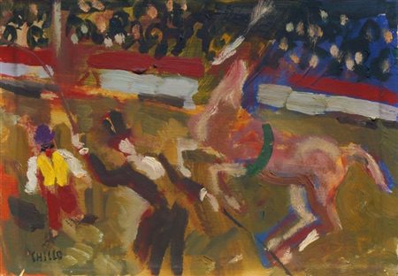 CHICCO RICCARDO Torino 1910 - 1973 "Al circo" 18x25 olio su cartoncino Opera...