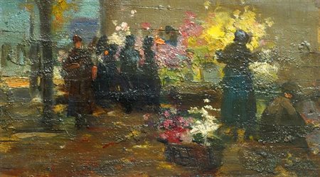 SIDOLI P. "Mercato dei fiori a Parigi" 10x17 olio su tavoletta Titolo al retro