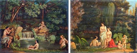 PITTORE ANONIMO DEL XIX SECOLO "Vestali al bagno" 28x35 ognuno, coppia di...