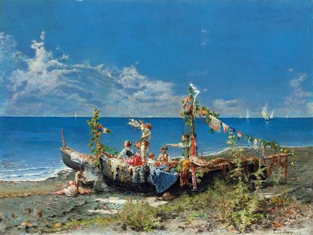 DALBONO EDOARDO Napoli 1841 - 1915 "Festa sul mare" 1875 34x45 olio su tavola...