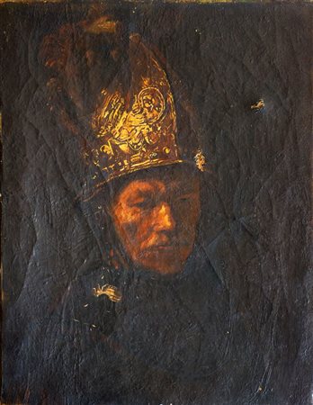 PITTORE ANONIMO "Il cavaliere dall'elmo d'oro" 82x63 olio su tela Lacerazioni...