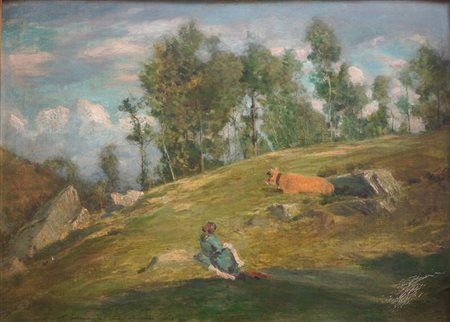 CALDERINI MARCO Torino 1850 - 1941 "Al pascolo" 1890 41,5x55 olio su cartone...