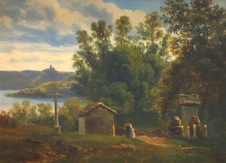 LELLI GIOVANNI BATTISTA Milano 1827 - 1887 "Lago d'Orta con figure" 31x42...