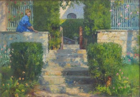 GIANI GIOVANNI Torino 1866 - 1937 "Al balcone" 1919 50x70 olio su tela Opera...