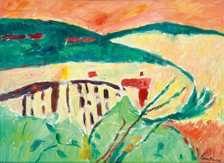 PAULUCCI ENRICO Genova 1901 - 1999 Torino "Langhe" 30x40 olio su tela Opera...