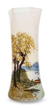 LEGRAS H. cm 28,7 Vaso cilindrico a collo esagonale, decoro di paesaggio...