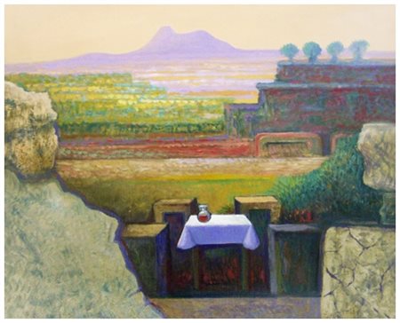 JOHN PICKING Lancashire 1939 Table in a valley 1999 Olio su tela 40 x 50....