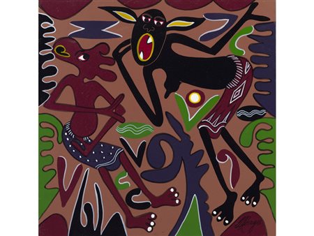 George Lilanga (1934-2005) Haya ni kweli tupu olio su faesite 30,5x30,5 cm