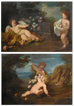 PITTORE DEL XVIII SECOLO Putti allegorici entro paesaggio, fiori e frutti Due...