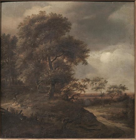 Jan Wijnants(Haarlem 1632-Amsterdam 1684)PAESAGGIO CON FIGURAolio su tavola,...