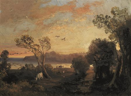 Scuola Napoletana del sec. XIX TRAMONTO olio su ardesia, cm 20x27 &nbsp;