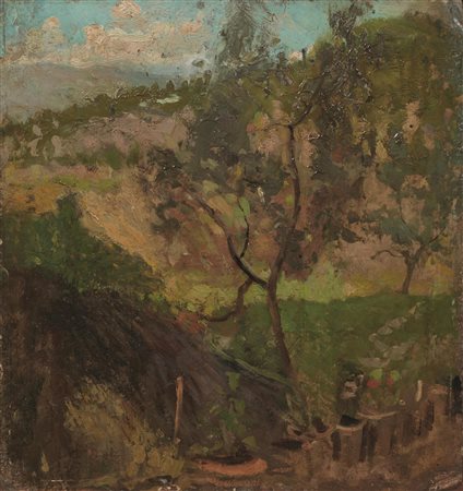 Cesare Ciani (Firenze 1854 - 1925) PAESAGGIO olio su cartoncino pressato, cm...