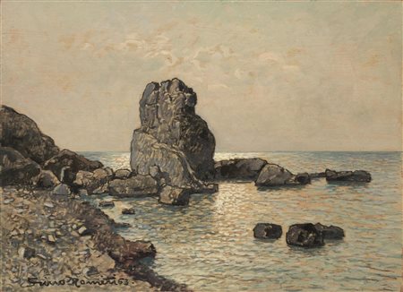 Gino Romiti (Livorno 1881 - 1967) MARINA CON SCOGLI olio su masonite, cm...