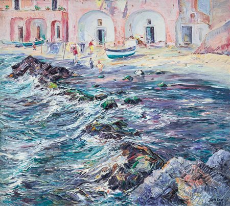 SARNO MATTEO 1894 - 1957Piccola spiaggia, 1955olio su tela applicata su...