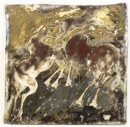 PAOLO STACCIOLI Composizione con cavalli 2001 placca in ceramica dipinta a...