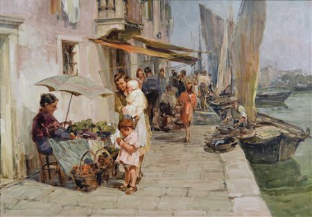 BROMBO ANGELO Chioggia 1893 - 1962 Mercato olio su tela 70x100 firma in basso...