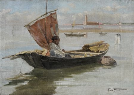 FRAGIACOMO PIETRO Trieste 1856 - Venezia 1922 Barca in laguna fine '800 olio...