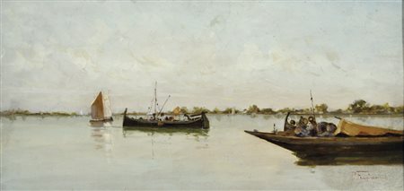 FRAGIACOMO PIETRO Trieste 1856 - Venezia 1922 Barche in laguna (1990) olio su...