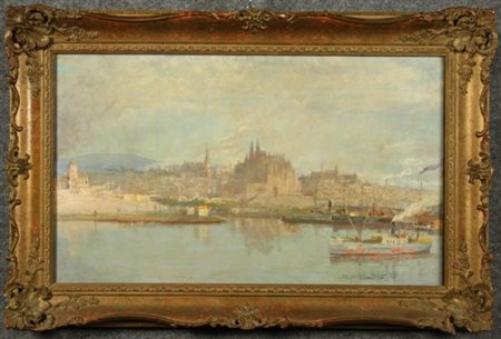 SANTER RUDOLF H. - XIX secolo. Dipinto olio su tela raff. ''PORTO DI...