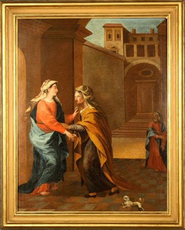 Dipinto olio su tela raff. ''VISITA DI MARIA A ELISABETTA''. XVII secolo. In...