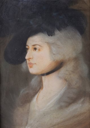 SCUOLA FRANCESE XIX Sec. "Ritratto di donna con cappello", pastello su carta,...