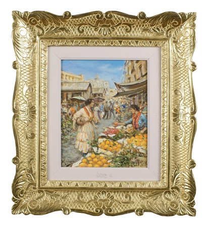 VINCENZO MIGLIARO Napoli 1858 - 1938 "Scena di mercato", olio su tela,...