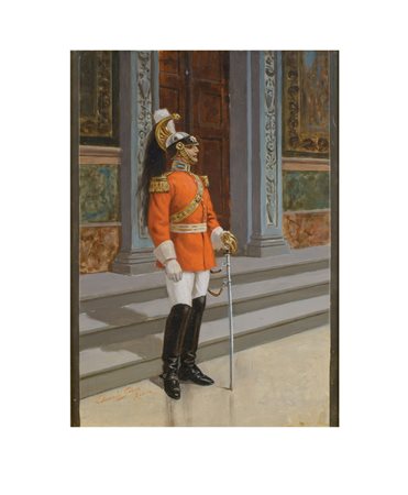 EDOARDO GIOIA Roma 1862 - Londra 1937 "Corazziere in divisa", olio su tavola,...