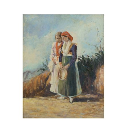 SCUOLA NAPOLETANA XX Sec. "Donne in costume", olio su tavola, entro cornice...