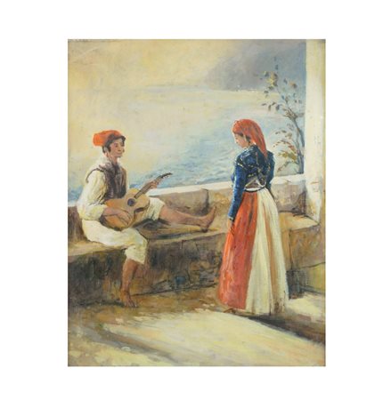 SCUOLA NAPOLETANA XX Sec. "Serenata", olio su tavola, entro cornice 50x40 cm.