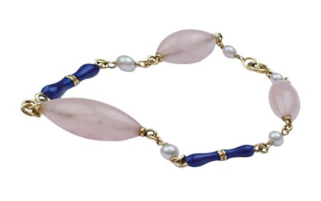 BRACCIALE IN ORO GIALLO 18KT E QUARZO ROSA anni 50/60 alternato ad elementi...