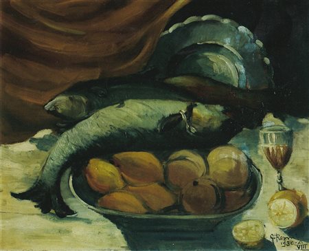 RESMI GUIDO (1897 - 1956) Natura morta con frutta e pesce. 1930. Olio su...