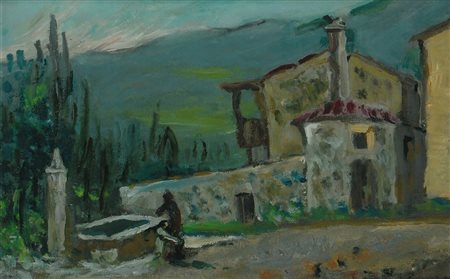 FIESSI ANGELO (1891 - 1977) Paesaggio con case e fontana. Olio su compensato....