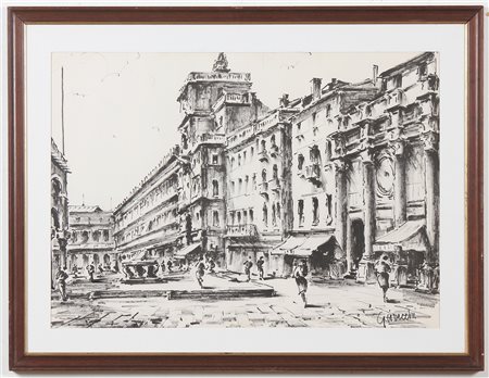 GIOVECCHI (XX SEC.) PIERO Piazza. China su carta. Cm 70,00 x 50,00. Firma in...