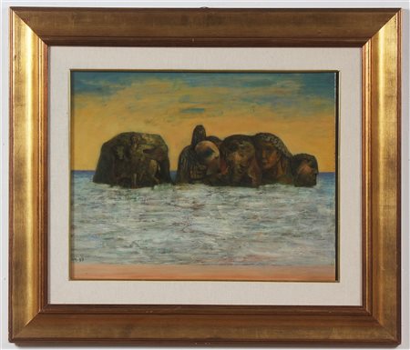 ROSIN ARNOLD (n. 1920) Ruderi sul mare. Olio su compensato. Cm 47,00 x 32,00....