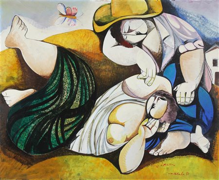 DI CARLO VITTORIO MARIA (n. 1937) La siesta - Omaggio al maestro. 1981. Olio...