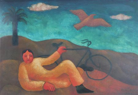 Tranchino Gaetano Uomo con Bicicletta, 1970 olio su tela, cm. 50x70 firmato e...