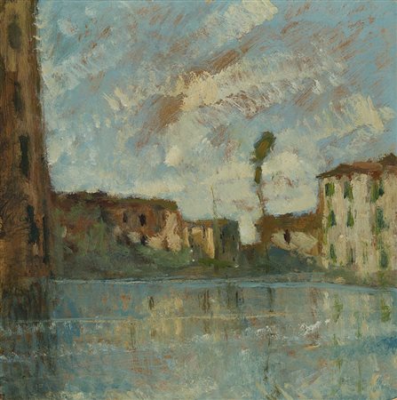 Raul Viviani (Firenze 1883 - Rapallo 1965) - "Scorcio lacustre con case" olio...