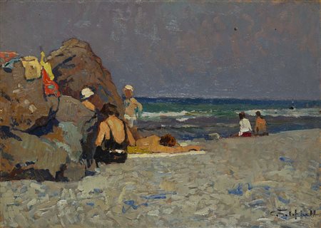 Cafiero Filippelli (Livorno 1889 - 1973) - "Sulla spiaggia" olio su...