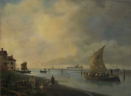 Scuola veneta del XIX secolo "Marina con barche" olio su tela (cm 45x60) In...