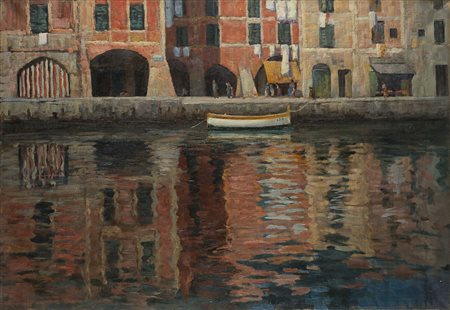 Aldo Saracchi (XX Secolo) - "Sole nel porticciolo" olio su tela (cm 55x80) Al...